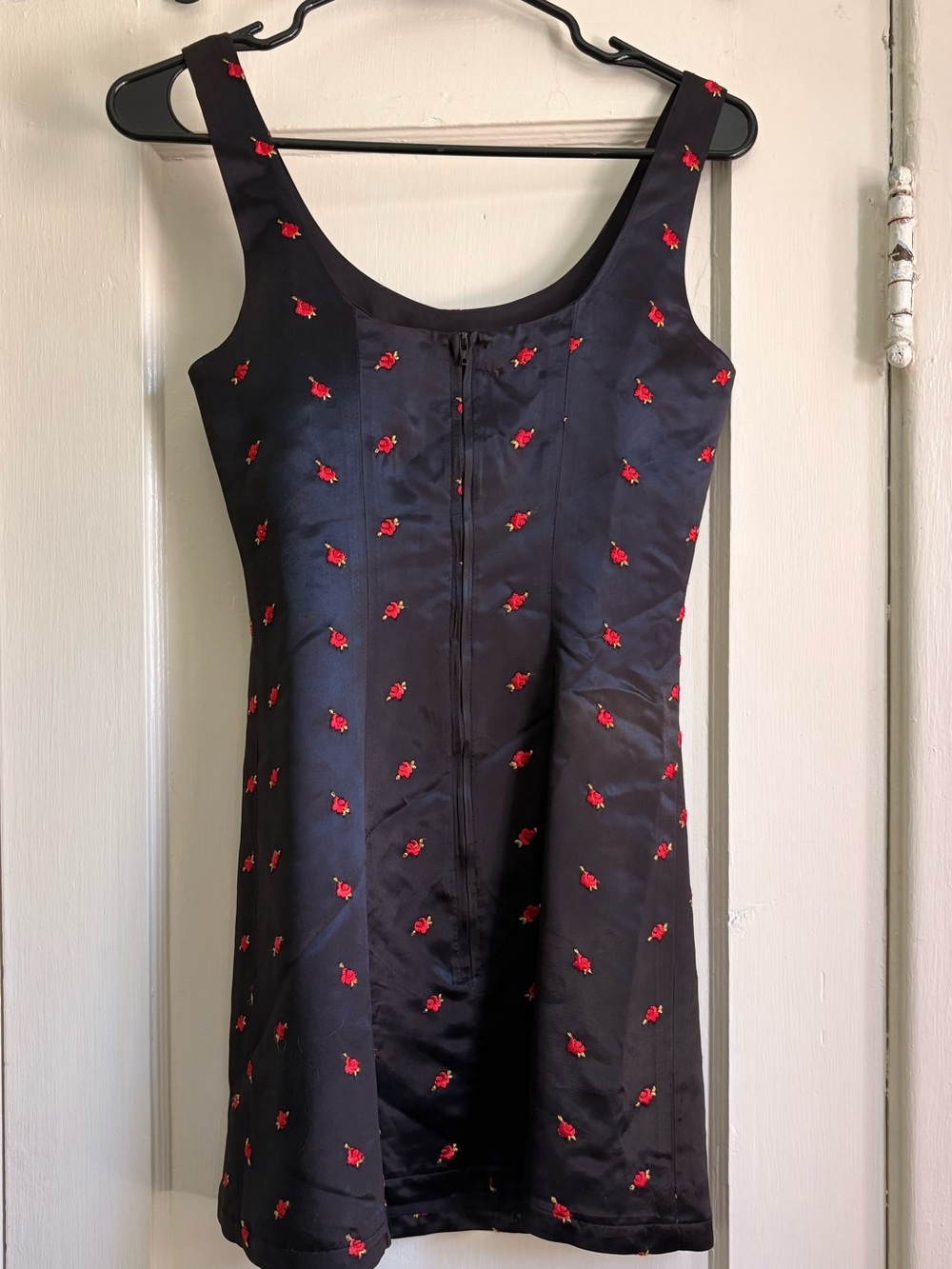 Rare! Vintage Betsey Johnson Black Satin Mini Dress with Red Rose Embroidery - Picture 6 of 11